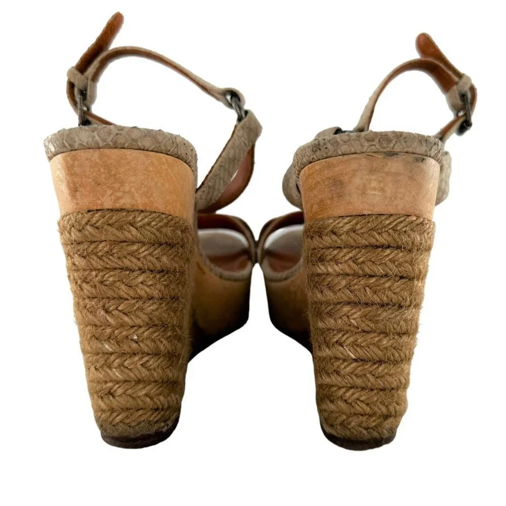 LANVIN Beige Textured Leather Ankle Strap Espadrille Wedge Heel Sandals Size 40